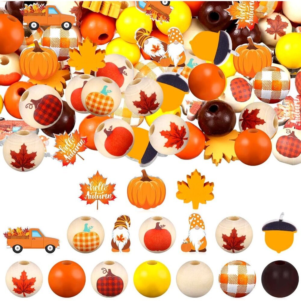 200 Pcs Thanksgiving Wooden Beads Pumpkin Maple Leaf Colorful Round Loose Spacer